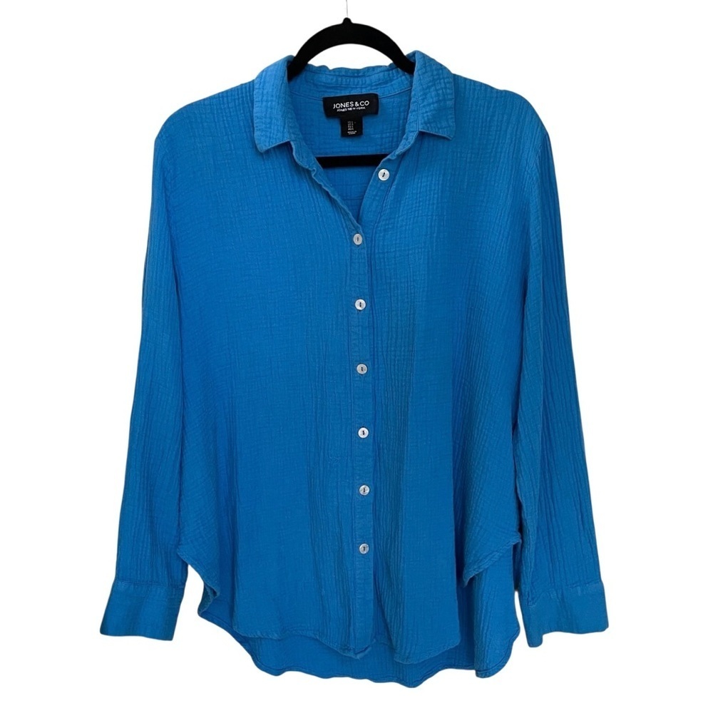 Jones New York Cotton Gauze Button-Up Blouse Blue L